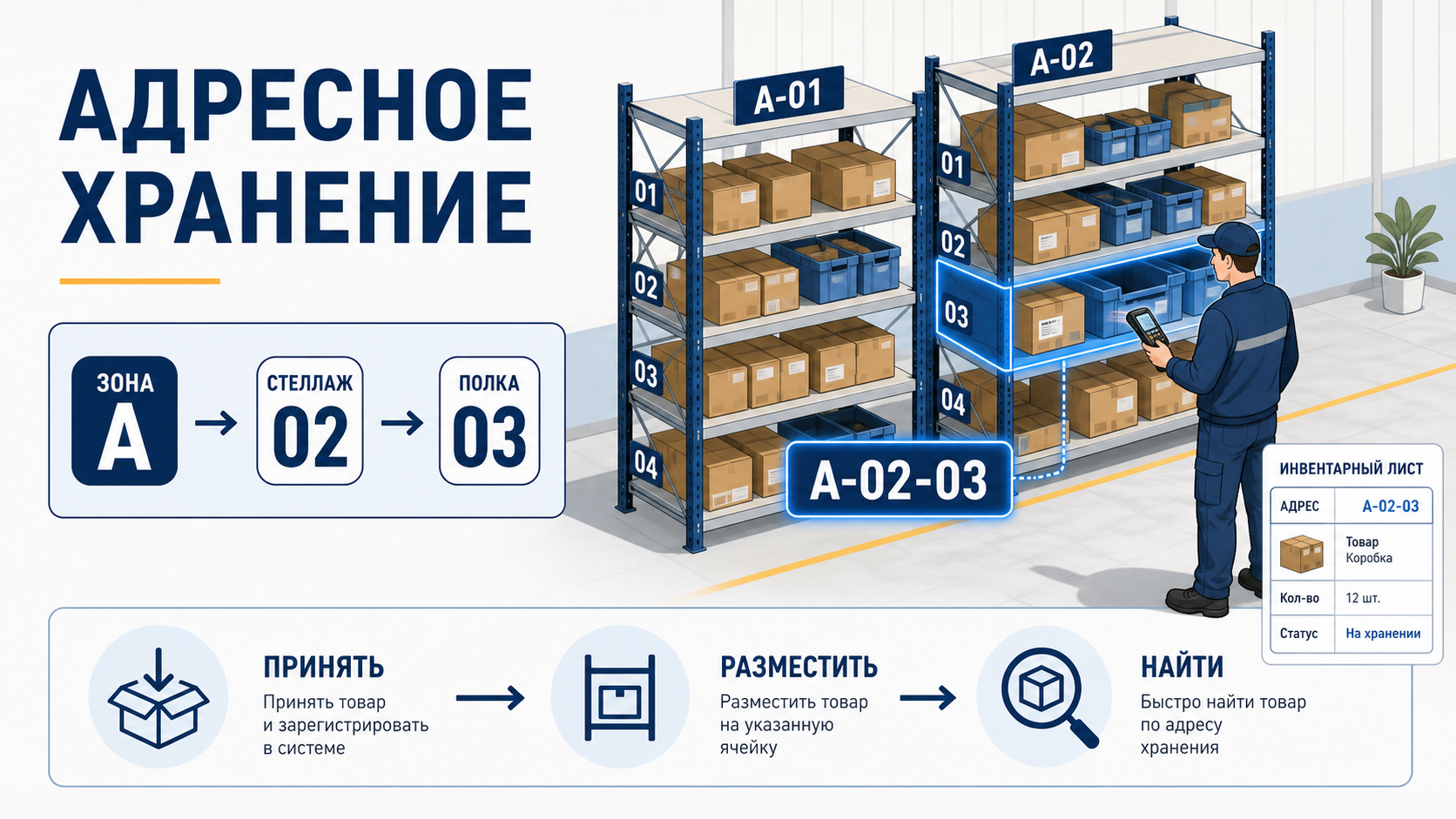 Адресное хранение: зона A, стеллаж 02, полка 03